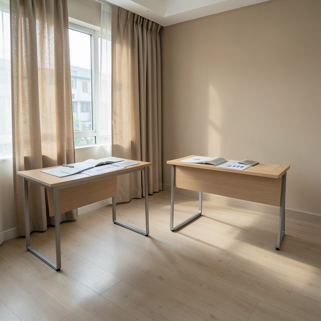 Quiet Bangkok office interior with soft daylight on desks and chart prints