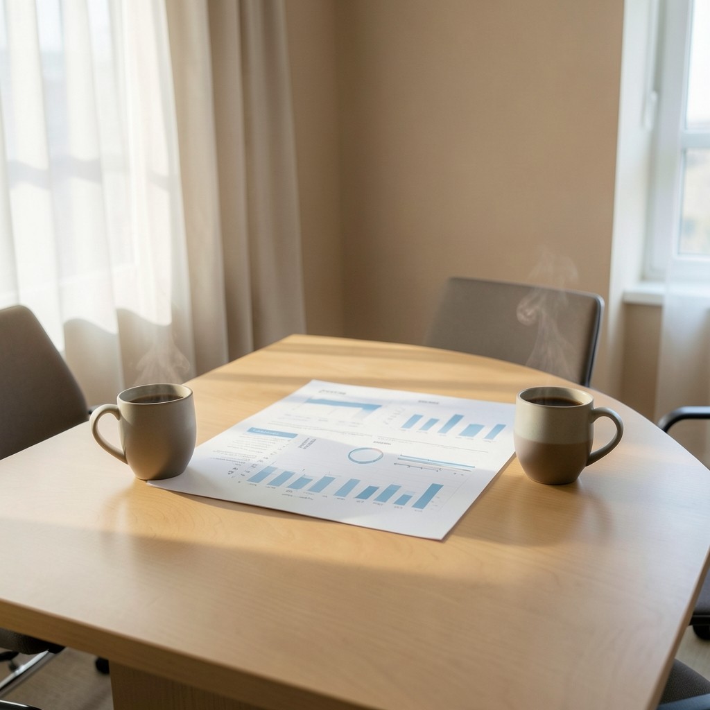 Meeting table with a single large chart printout and coffee cups