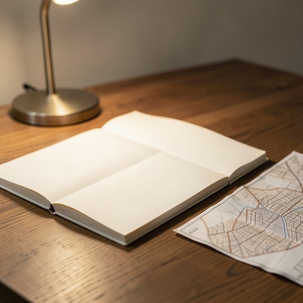 Open notebook with neat location lists next to a city map under warm light