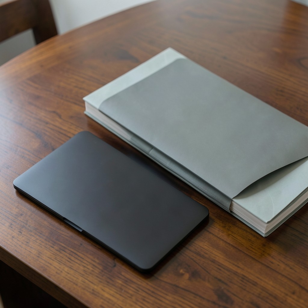 Laptop partially closed beside sealed folders on a wooden desk