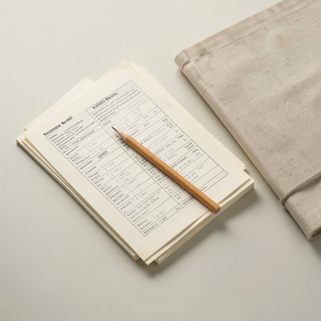 Desk with printed tenure charts and a soft pencil beside a notebook