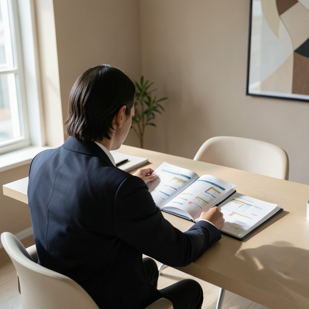 Analyst reviewing workforce charts at a desk with notebooks and printed reports