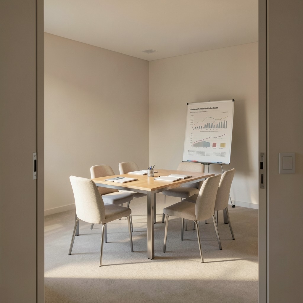 Small conference room with charts projected and notebooks open