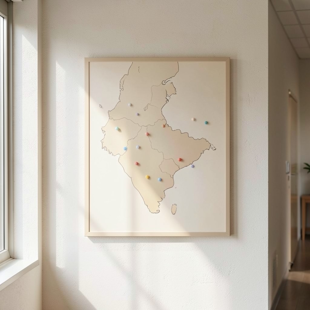 Map-style wall chart showing office locations with soft daylight
